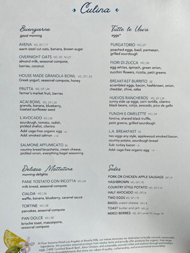 A breakfast menu from Culina Restaurant at the Four Seasons Hotel, featuring various dishes like overnight oats, granola bowl, and multiple egg options, along with sides and prices.