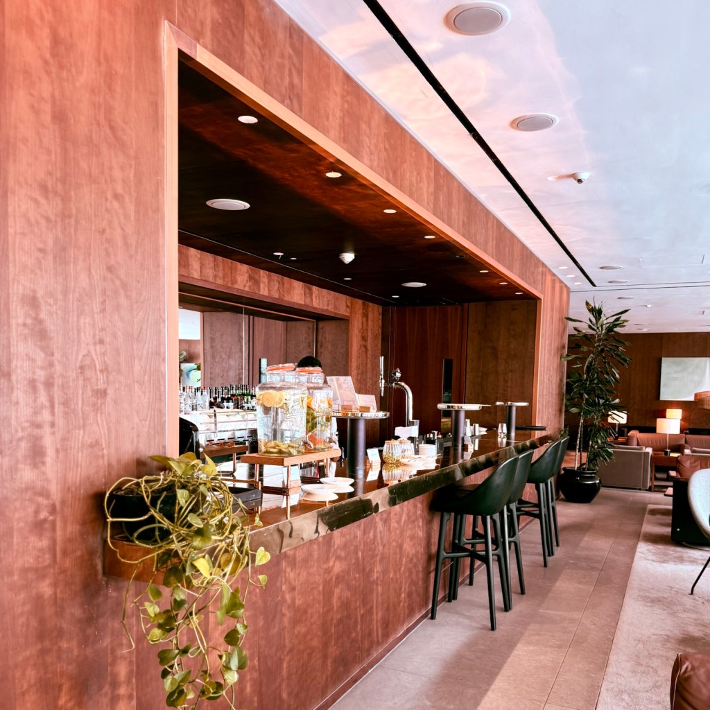A well-designed lounge bar featuring warm wood paneling, modern seating, and a polished counter with a variety of drinks and snacks available.