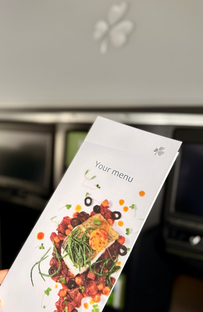 Aer Lingus menu featuring a plated dish with fish, green beans, and colorful garnishes, held in a passenger's hand inside an aircraft.
